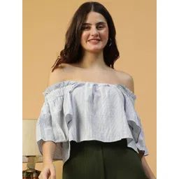 Oxolloxo Women Striped Off-Shoulder Cotton Blouson Crop Top-image-3