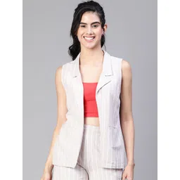 Oxolloxo Women Striped Print Open Collared Sleeveless Cotton Waistcoat-picture-10