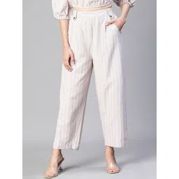 Oxolloxo Women Striped Relaxed Loose Fit Easy Wash Pleated Cotton Trousers-image-21