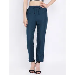 Oxolloxo Women Teal Green Regular Fit Solid Peg Trousers-picture-20