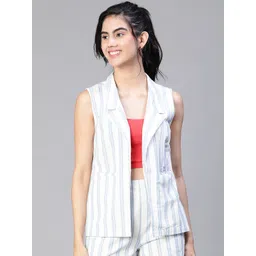 oxolloxo Women's Blue Stripe Print Open Collared Sleeveless Cotton Waistcoat Striped Women Waistcoat-picture-13