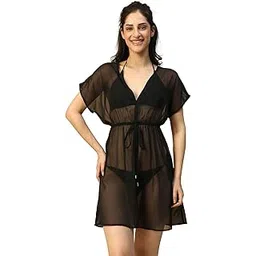 oxolloxo Women Solid V-Neck Short Sleeve Elasticated with Tie-Up Detail Knee-Length Beachwear Kaftan-picture-13