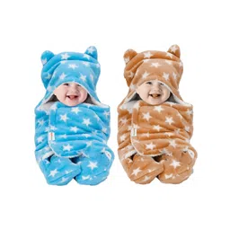 OYO Baby Beige & Blue 2 Pcs Geometric Fleece AC Room 350 GSM Single Bed Blankets-picture-56