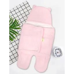 OyO Baby Pink Fleece Heavy Winter 350 GSM Hooded Blanket Wrapper image 1