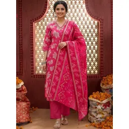 OZIA Floral Printed V-Neck Thread Work Pure Cotton Kurta With Trousers & Dupatta-picture-36