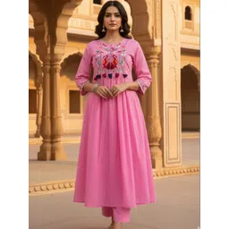 OZIA Women Ethnic Motifs Embroidered Regular Thread Work Pure Cotton Kurta with Trousers-picture-28