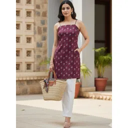 OZIA Women Floral Printed Sleeveless Pure Cotton Straight Kurta-picture-26
