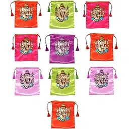 Pack of 10 Ganesh Design Fabric Potli Bags - Women's Silk Drawstring Closure Gift Pouches - For Return Gifting - Potli Bags for Thamboolam - Fabric Potli Batwa Bag Bridal Purse (Multi-Color)-picture-50