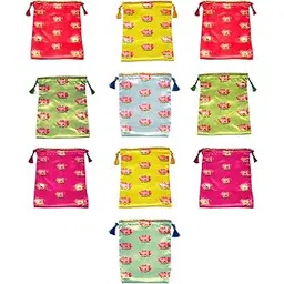 Pack of 10 Lotus Design Potli Bags - Women's Silk Drawstring Closure Gift Pouches - For Return Gifting - Potli Bags for Thamboolam - Fabric Potli Batwa Bag Bridal Purse (Multi-Color)-picture-41