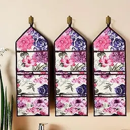 Pack of 3 Wall Hanging Organizer | Foldable Document Holder | Quilted Fabric Stationary-Magazine Organizer | Waterproof 3 Multi-Purpose Pocket | Pink Flower | Cream-picture-12