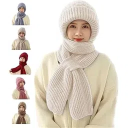 padchaaya Women's Knitted Hat Winter Plush Velvet Warm Woolen Cap Neck Scarf | Twist Color Fuzzy Slouchy Beanie Monkey Cap with Muffler for Ski Hiking Outdoor Girls & Ladies-picture-30