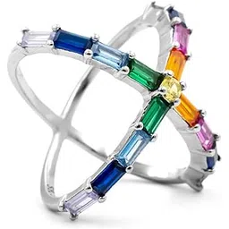 pahel - "the silver that shines" Vibrant Rainbow Cross Ring with Baguette Cut Crystals – Bold & Beautiful-picture-20