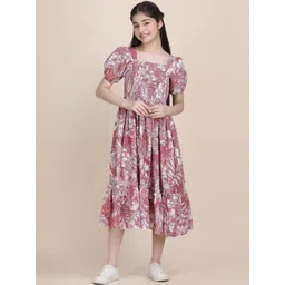PaheliRani Girls Floral Printed Puff Sleeves Smocked A-Line Midi Dress-picture-12
