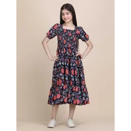 PaheliRani Girls Floral Printed Smocked Fit And Flare Midi Dress-picture-10
