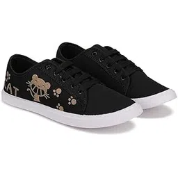 pahnava Women's Canvas Sneakers, Low Top Cat Print Design, Black with Gold Pattern, Casual Sport Fashion, Lightweight, All Season-picture-35