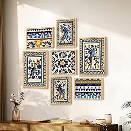 Painting Mantra Set of 7 Indian Wall Art Print Blue Birds with Flower Ritual theme Framed Vintage Poster for Home,Living room, Bathroom & Hotel Decor (Size: 9.3x12.7, 13x13 & 12.7x17.5 Inch)-picture-13