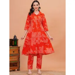 PakhiCreations Women Floral Printed Regular Pure Cotton Kurta with Trousers-picture-28