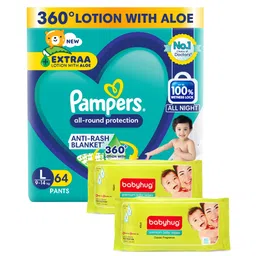 Pampers All Round Protection Pant Style Baby Diapers, Large (L), 64 Count, 9-14kg 360 degree Lotion with Aloe Vera and Babyhug Premium 98% Water Baby Wet Wipes with Moisturising Aloe Vera - 80 Pieces-picture-16