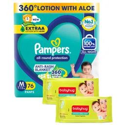 Pampers All Round Protection Pant Style Baby Diapers Medium (M), 76 Count, 7-12kg 360 degree Lotion with Aloe Vera and Babyhug Premium 98% Water Baby Wet Wipes with Moisturising Aloe Vera - 80 Pieces-picture-17