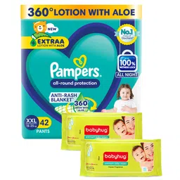 Pampers All round Protection Pants diapers (XXL) 42 Count,15-25kg, 360 degree Lotion with Aloe Vera and Babyhug Premium 98% Water Baby Wet Wipes with Moisturising Aloe Vera - 80 Pieces-picture-15