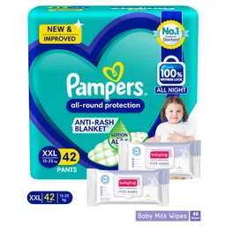 Pampers All round Protection Pants Double Extra Large size baby diapers (XXL) 42 Count Lotion with Aloe Vera & Babyhug Daily Moisturising Milk Wipes - 24 Pieces - (Pack of 2)-picture-14