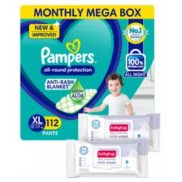 Pampers All round Protection Pants, Extra Large size baby diapers (XL) 112 Count, Lotion with Aloe Vera (Packaging May Vary) & Babyhug Daily Moisturising Milk Wipes - 24 Pieces - (Pack of 2)-picture-26