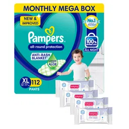 Pampers All round Protection Pants, Extra Large size  (XL) 112 Count, Anti Rash diapers, Lotion with Aloe Vera & Babyhug Daily Moisturising Milk Wipes - 72 Pieces  - (Pack of 4)-picture-33