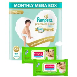 Pampers Premium Care Pants, Extra Large size baby diapers (XL), 72 Count, Softest ever Pampers pants and Babyhug Premium 98% Water Baby Wet Wipes with Moisturising Aloe Vera With Lid - 80 Pieces-picture-10