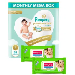Pampers Premium Care Pants, Large size baby diapers (L), 88 Count, Softest ever Pampers pants and Babyhug Premium 98% Water Baby Wet Wipes with Moisturising Aloe Vera With Lid - 80 Pieces-picture-26