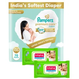 Pampers Premium Care Pants, New Born, Extra Small size baby diapers (NB,XS), 70 count and Babyhug Premium 98% Water Baby Wet Wipes with Moisturising Aloe Vera With Lid - 80 Pieces-picture-25