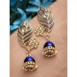Panash Blue & Gold Plated Kundan Stone Leaf Shaped Jhumki Earrings-picture-13