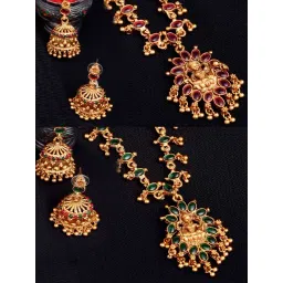 Panash Gold Plated & Green Reversible Ruby Stone Temple Jewellery Set-picture-30
