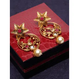 PANASH Gold-Plated & Red Pearl Studded Floral Antique Drop Earrings-picture-30