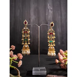 PANASH Gold-Plated Artificial Stones Studded & Beaded Contemporary Shaped Drop Earrings-picture-25