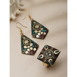 Panash Gold Plated Contemporary Drop Earrings & Ring Set-picture-39