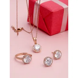 PANASH Gold-Plated Cubic Zirconia Studded Solitaire Pendant with Earrings & Ring-picture-15