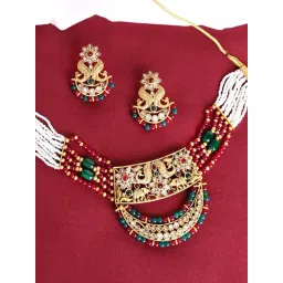 Panash Gold Plated Green Red Kundan Studded Pearl Beaded Jewellery Set-picture-32