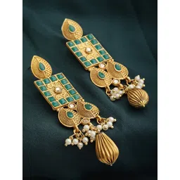 PANASH Gold-Plated Green Stone-Studded Handcrafted Drop Earrings-picture-25