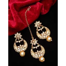 Panash Gold Plated Kundan Studded Maang Tikka & Earrings Set image 1