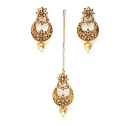 Panash Gold Plated Kundan Studded Maang Tikka & Earrings Set image 3