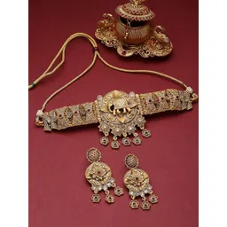 PANASH Gold-Plated Kundan-Studded Temple Choker Jewellery Set-picture-26