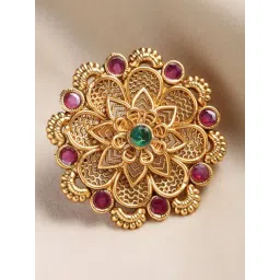 Panash Gold Plated Purple & Green Kundan Studded Hand Painted Adjustable Finger Ring-picture-29