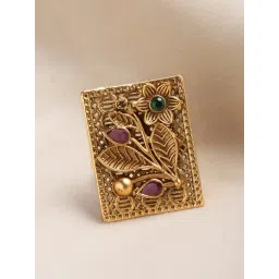 Panash Gold Plated Red & Green Stone Studded Finger Ring-picture-24