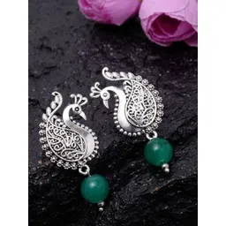 PANASH Green & Silver-Plated Oxidised Peacock Shaped Drop Earrings-picture-10