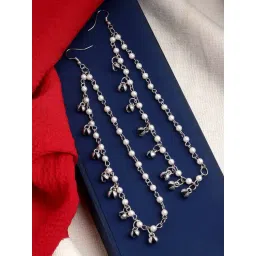 Panash Oxidized Silver Plated Ethnic Pearls Drop Earrings with Ear Chains-picture-35