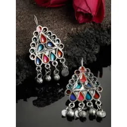 Panash Oxidized Silver Toned Multicolor Enamelled Geometric Shaped Drop Earrings-picture-43