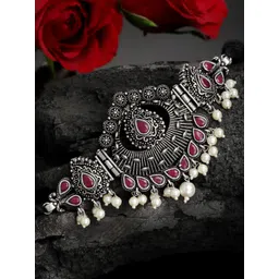 PANASH Oxidized Silver-Toned Pink Stone-Studded Pearl Choker Necklace-picture-19