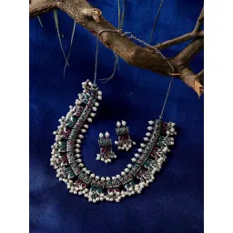 Panash Silver Plated & Green Oxidized Stone Studded Jewellery Set-picture-11