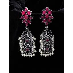 PANASH Silver-Plated & Pink Oxidised Floral Drop Earrings-picture-18
