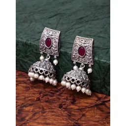 PANASH Silver-Plated Oxidized & Pink Dome Shaped Jhumkas-picture-19